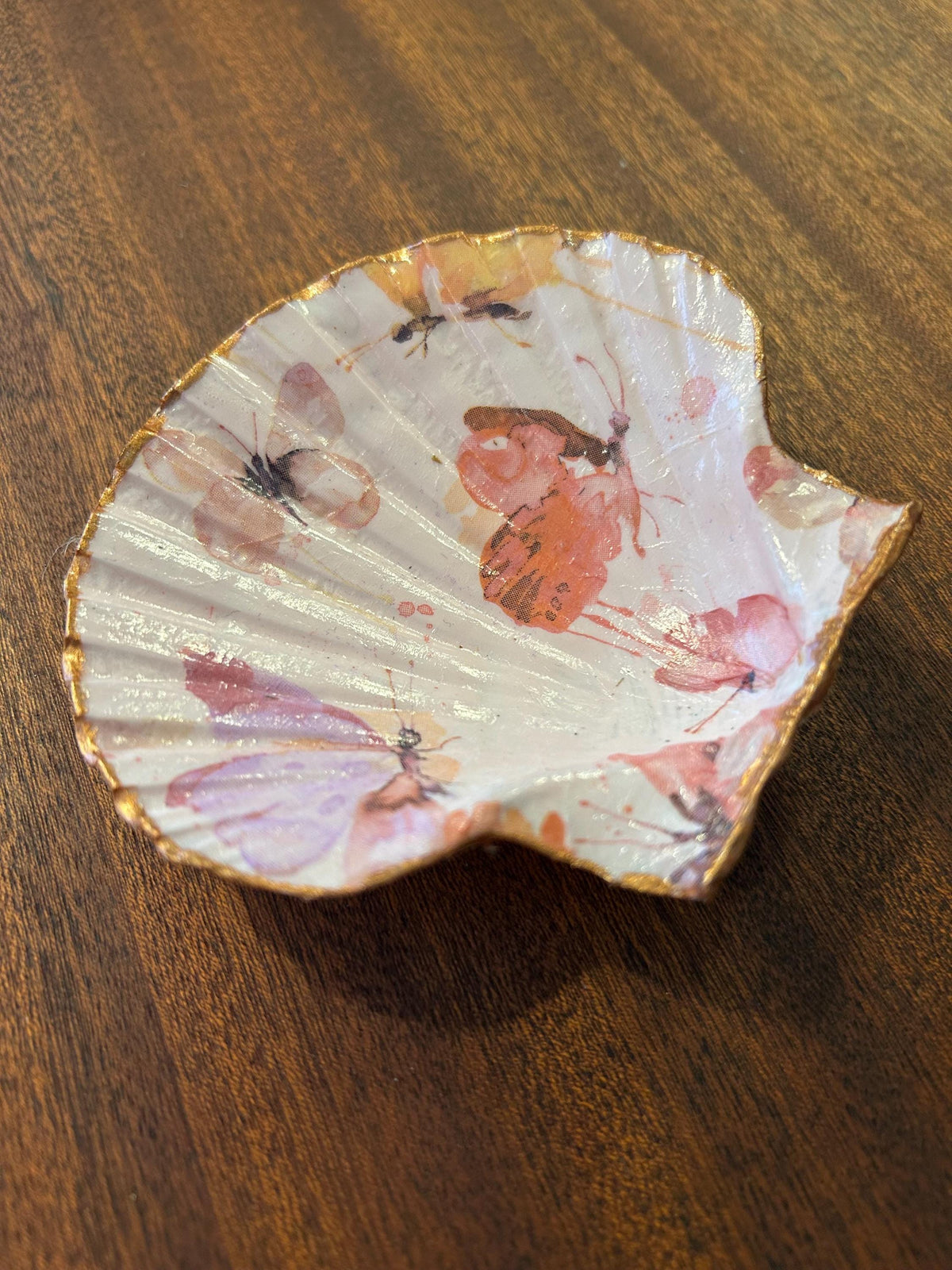 Decoupaged Scallop Shell Ring Dish – Pink Butterfly Trinket Holder