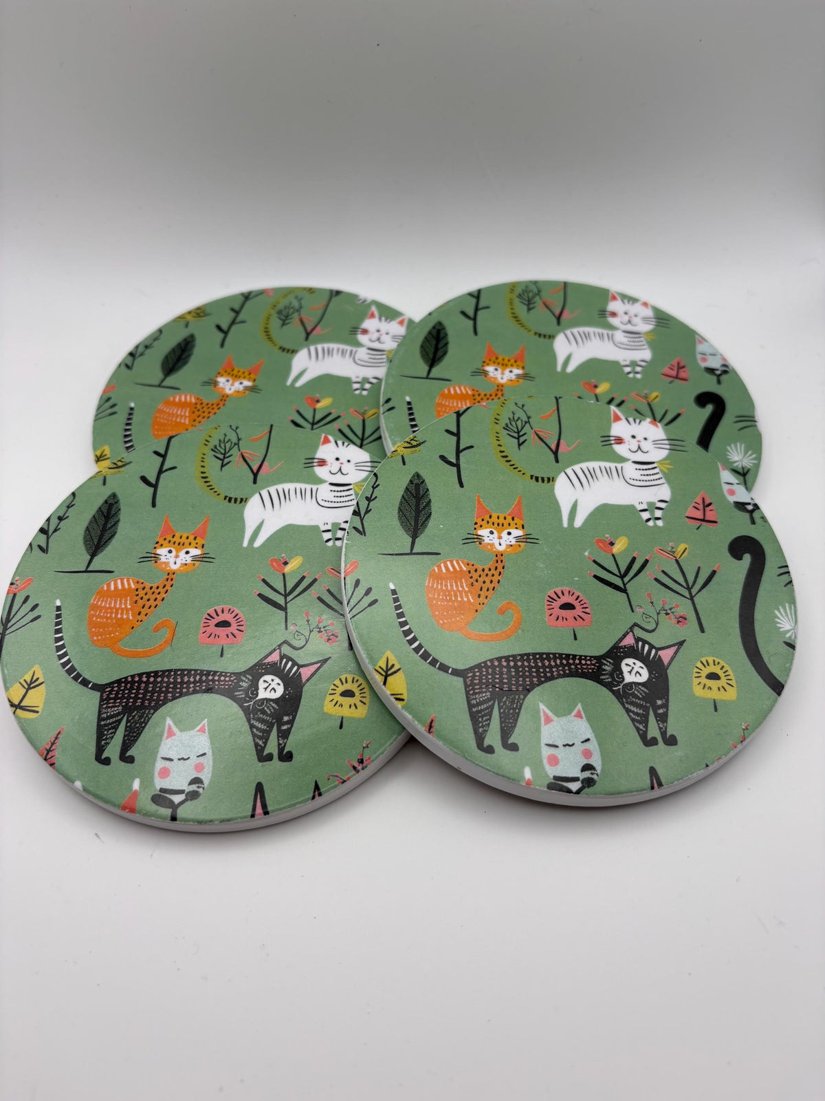 Ceramic Cat Coaster – Green Kitchen Drinkware, Housewarming Gift- Set of 4
