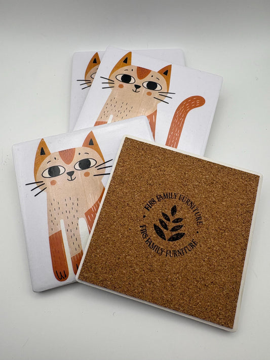 Ceramic Cat Coaster – Cork Backed Drinkware, Modern Kitchen Decor, Drinks Mat - Set of 4