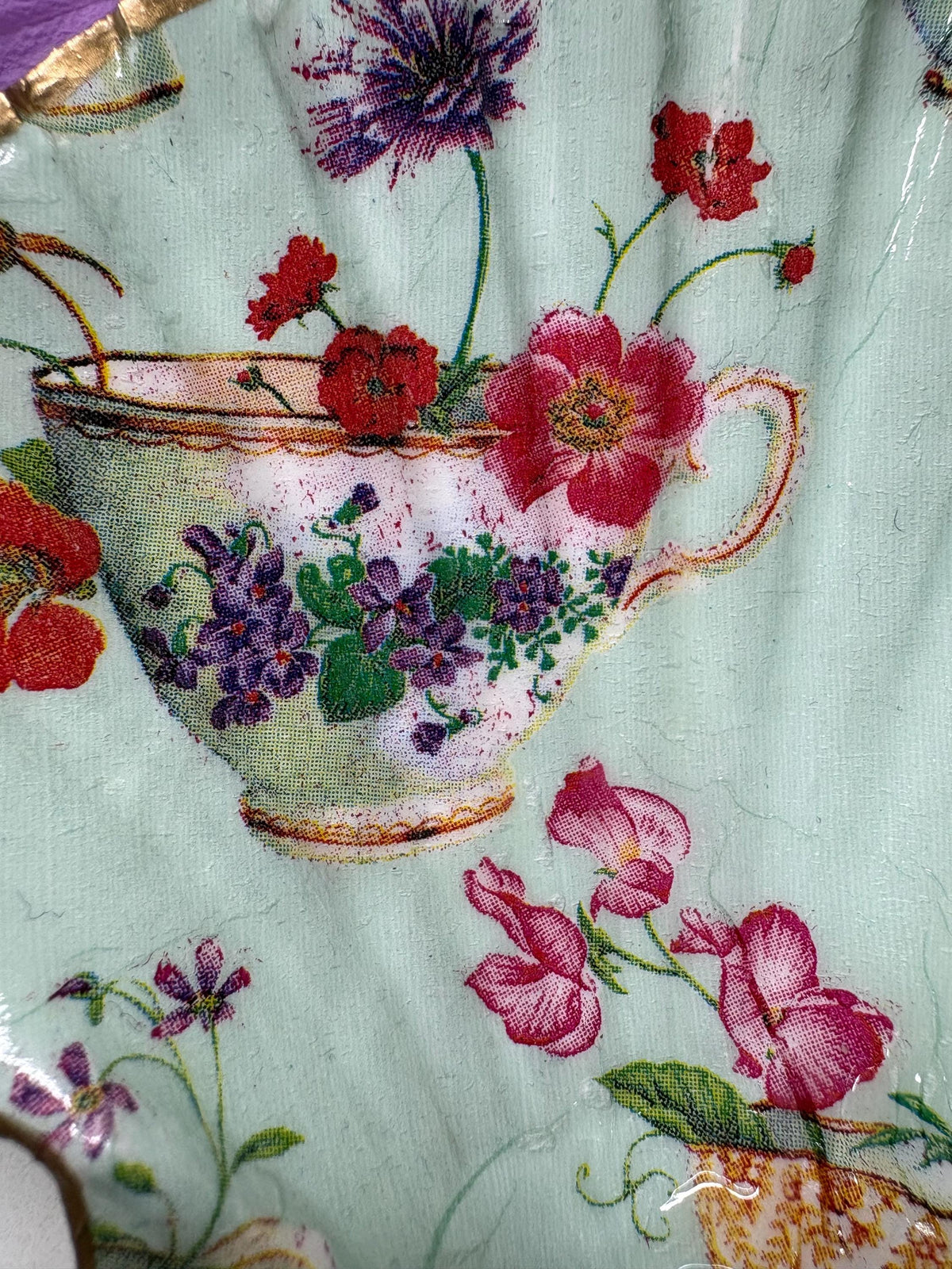 Vintage Teacup Decoupage Shell Trinket Dish | Mint Green Floral Ring Holder