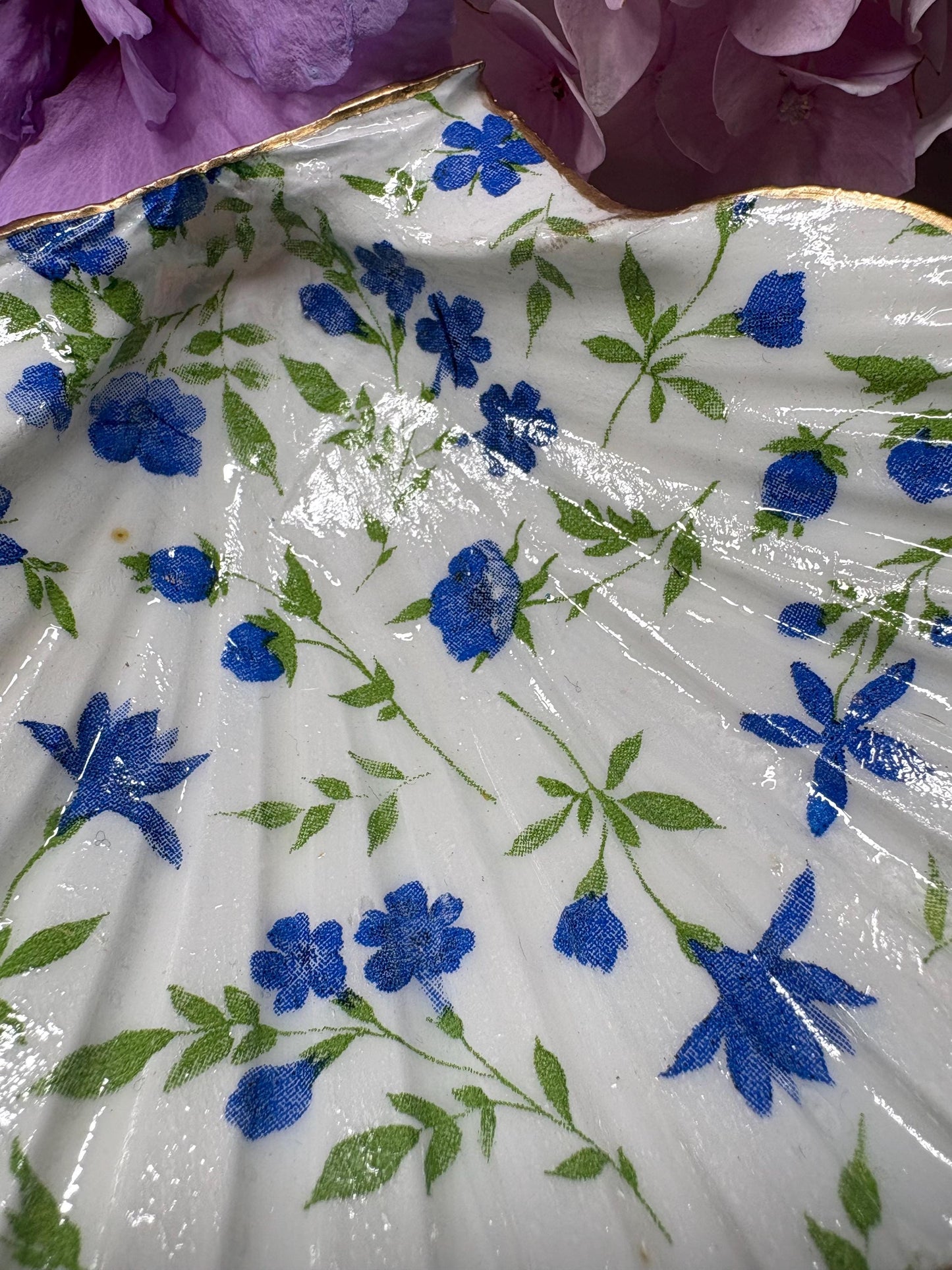 Gold Edged Scallop Shell Trinket Dish | Blue Floral Decoupage Ring Holder