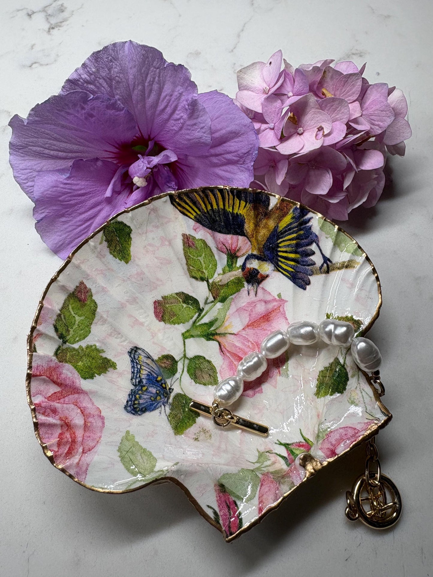 Vintage Rose Bluebird Shell Trinket Dish | Gold Edge Decoupage Ring Holder