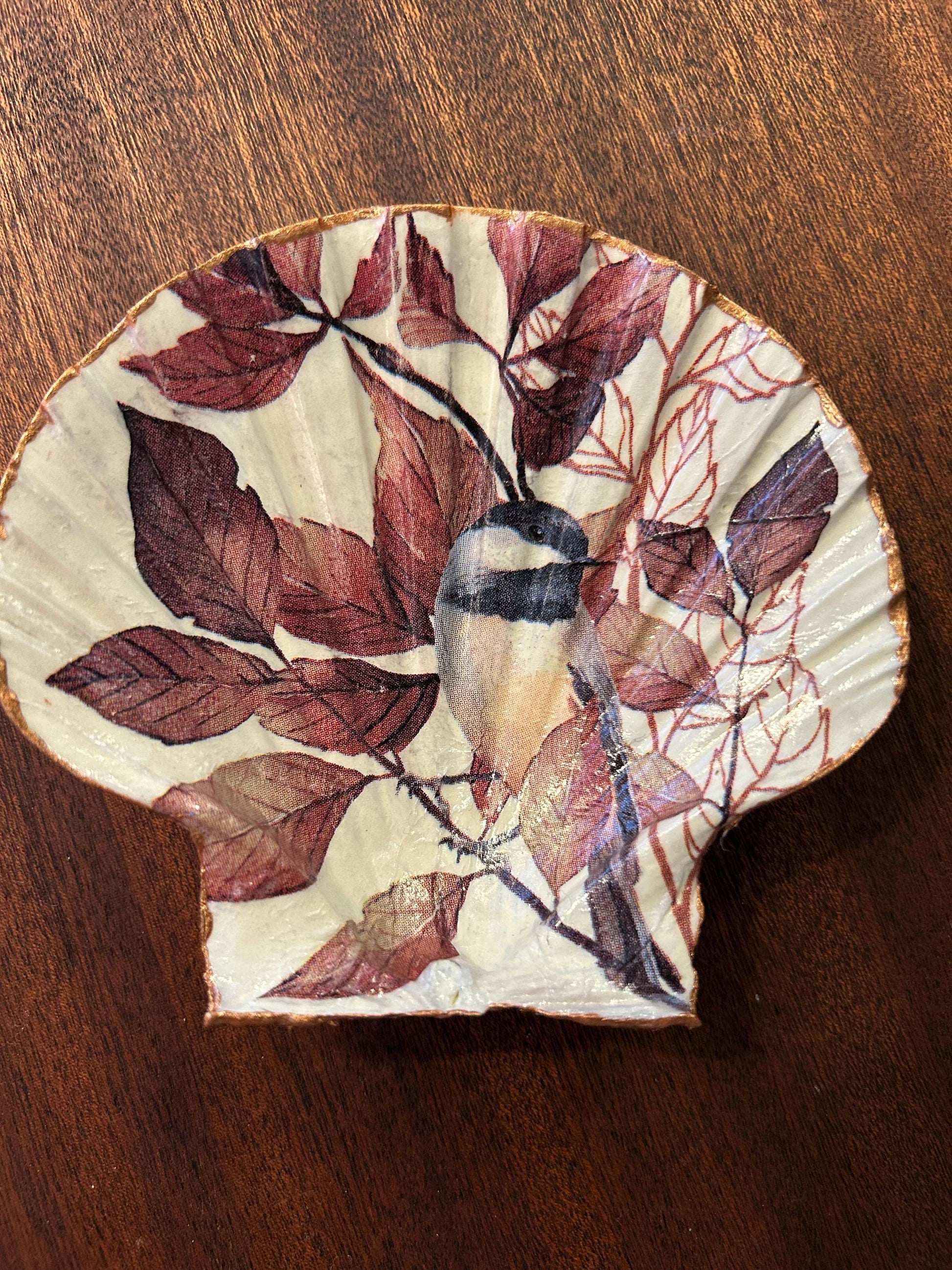 Decoupaged Scallop Shell Ring Dish – Bird and Leaf Design, Pearl Feet - Bird Lover Gift