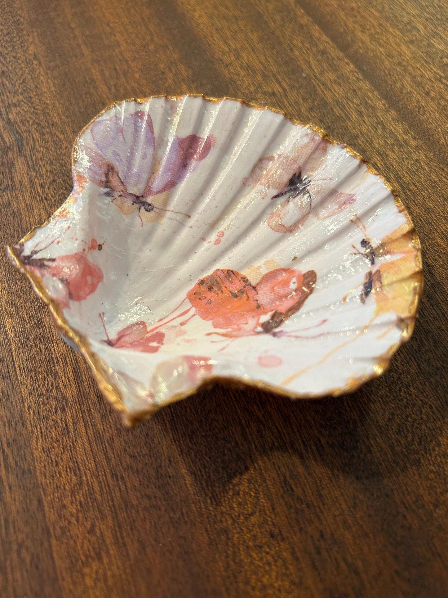 Decoupaged Scallop Shell Ring Dish – Pink Butterfly Trinket Holder
