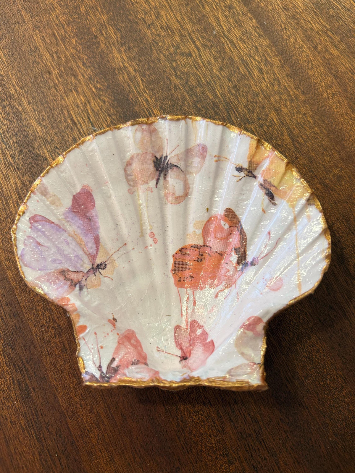 Decoupaged Scallop Shell Ring Dish – Pink Butterfly Trinket Holder