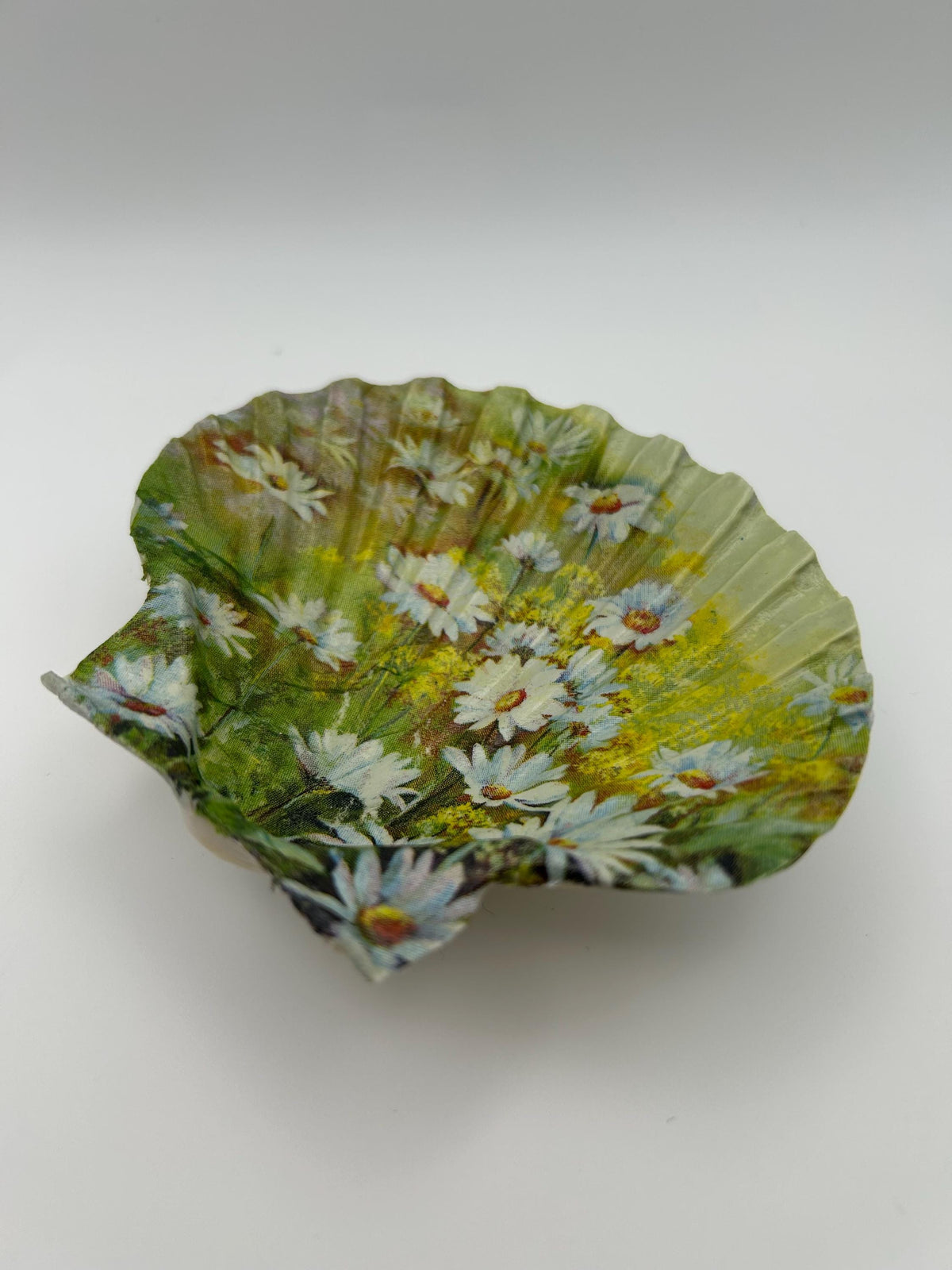 Decoupaged Daisy Scallop Shell Ring Dish – Pearl Feet Trinket Holder