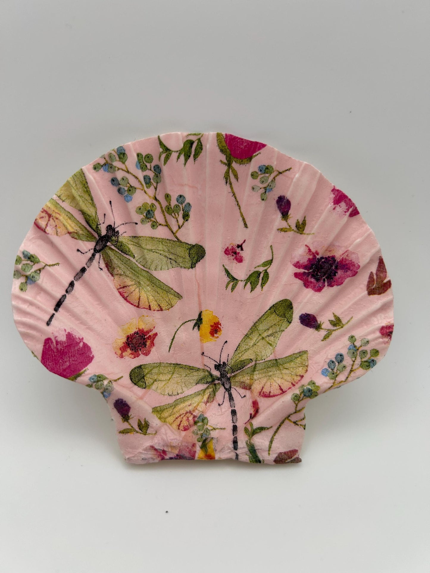 Decoupaged Scallop Shell Ring Dish – Pink Dragonfly Floral Trinket Holder