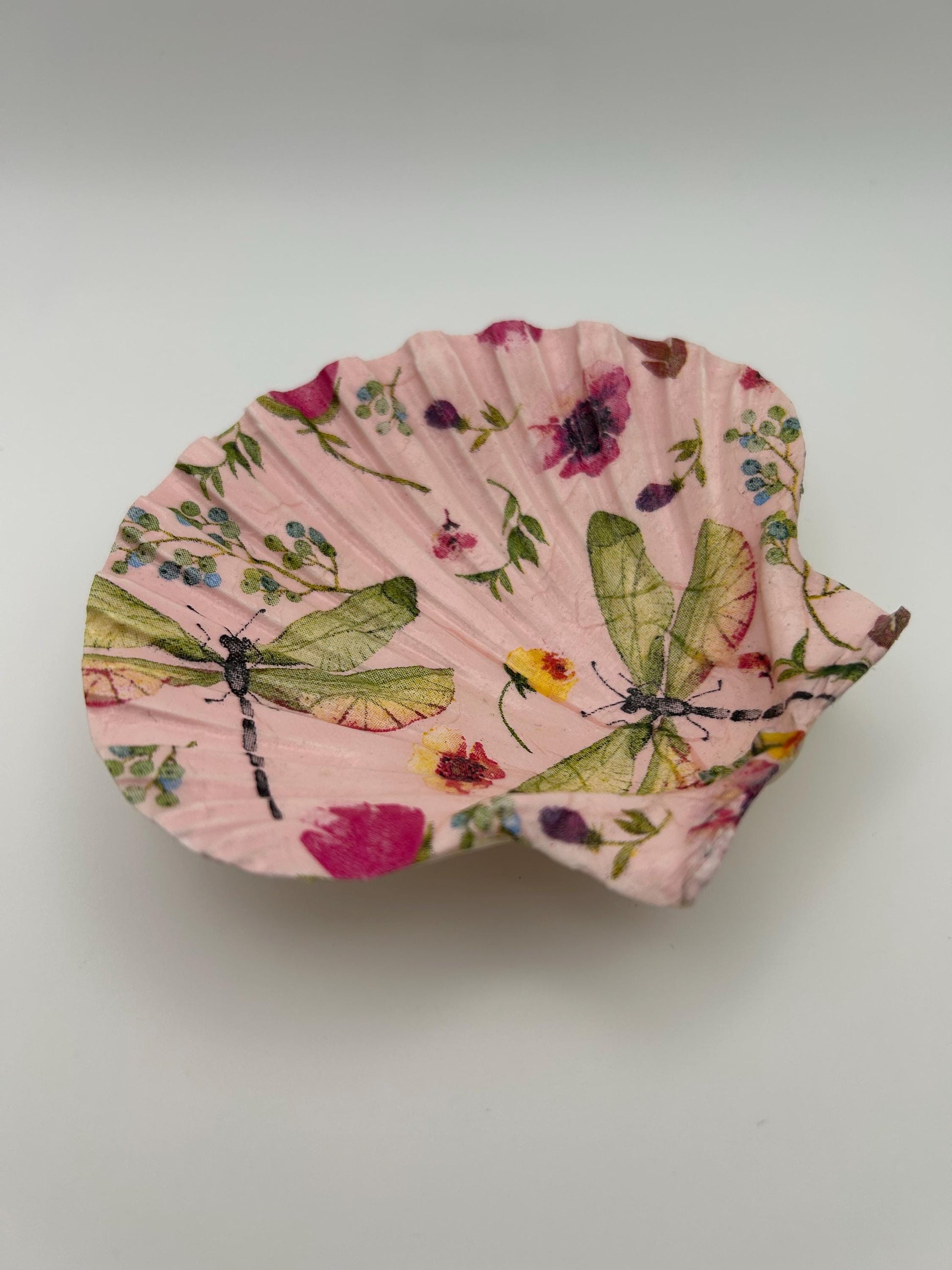 Decoupaged Scallop Shell Ring Dish – Pink Dragonfly Floral Trinket Holder