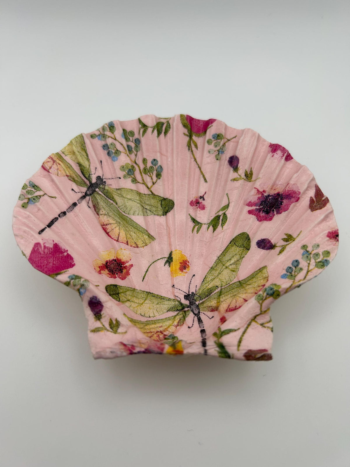 Decoupaged Scallop Shell Ring Dish – Pink Dragonfly Floral Trinket Holder