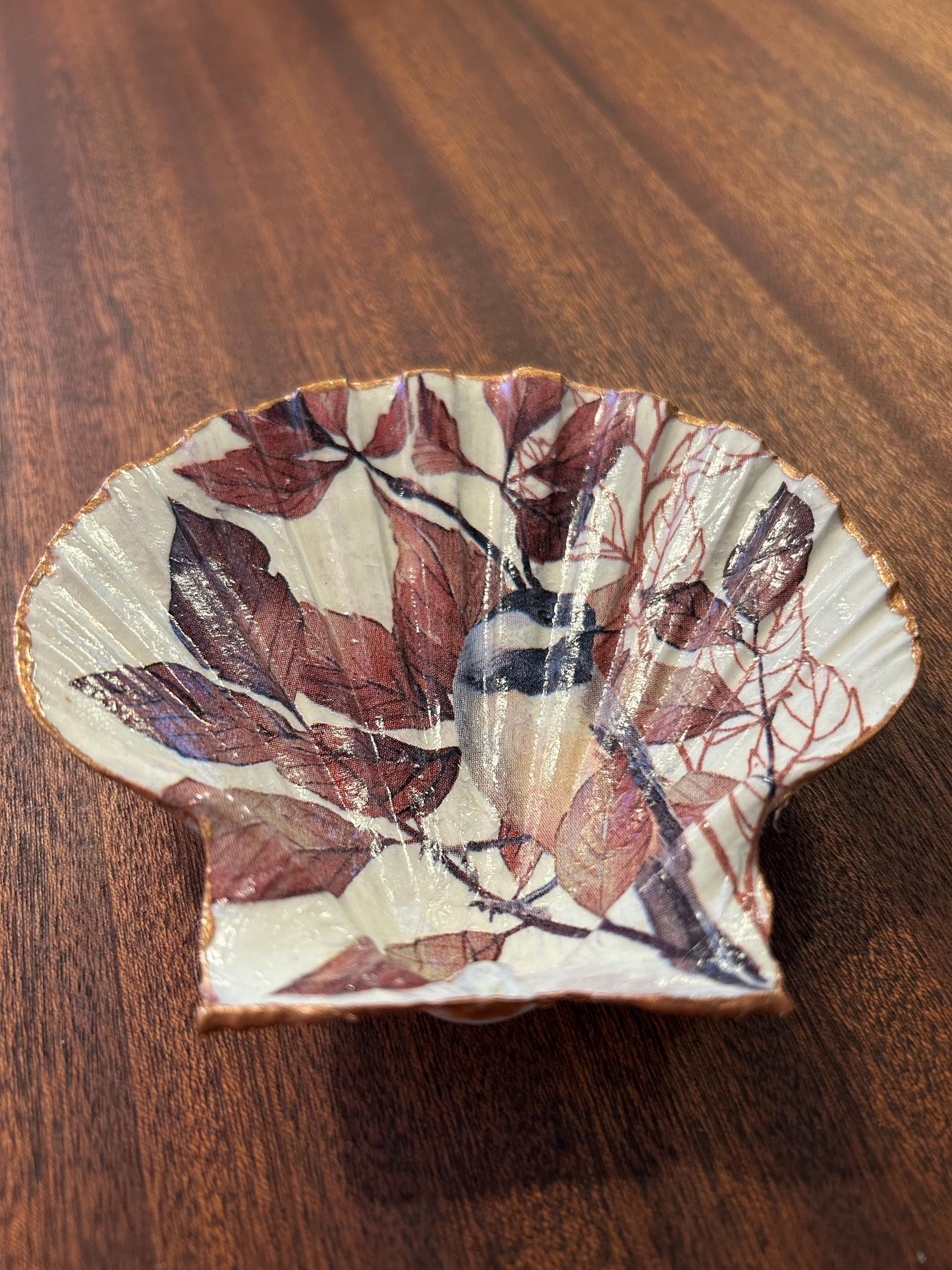 Decoupaged Scallop Shell Ring Dish – Bird and Leaf Design, Pearl Feet - Bird Lover Gift