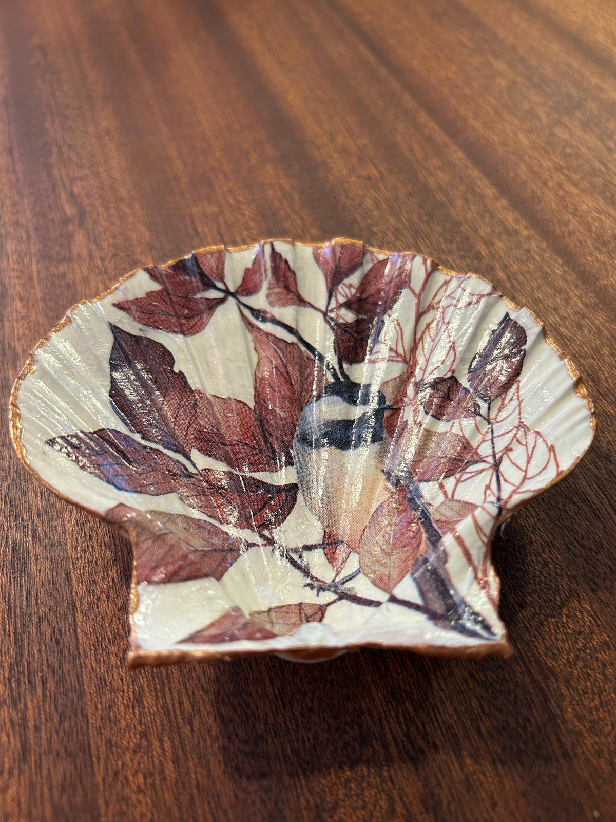 Decoupaged Scallop Shell Ring Dish – Bird and Leaf Design, Pearl Feet - Bird Lover Gift