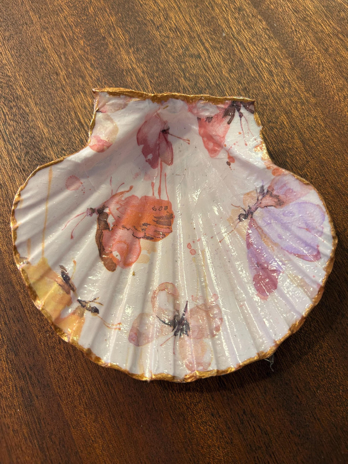 Decoupaged Scallop Shell Ring Dish – Pink Butterfly Trinket Holder