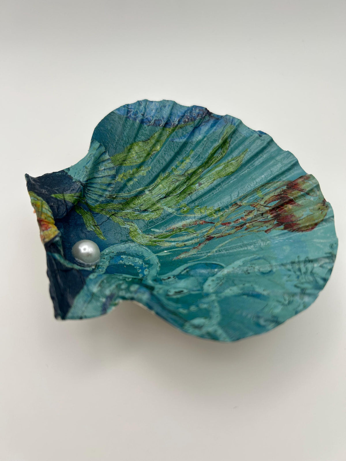 Decoupaged Scallop Shell Ring Dish – Octopus Ocean Blue Trinket Holder