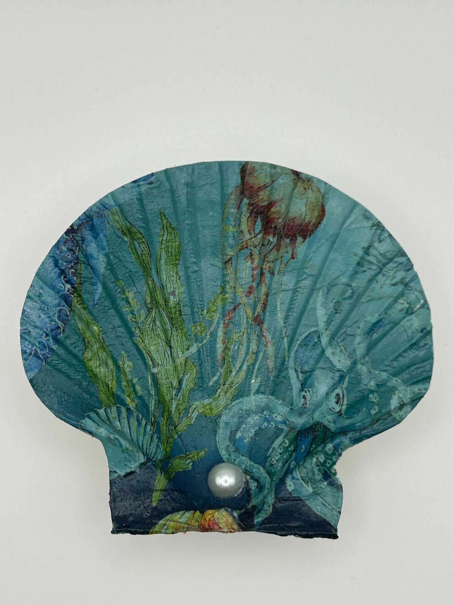 Decoupaged Scallop Shell Ring Dish – Octopus Ocean Blue Trinket Holder