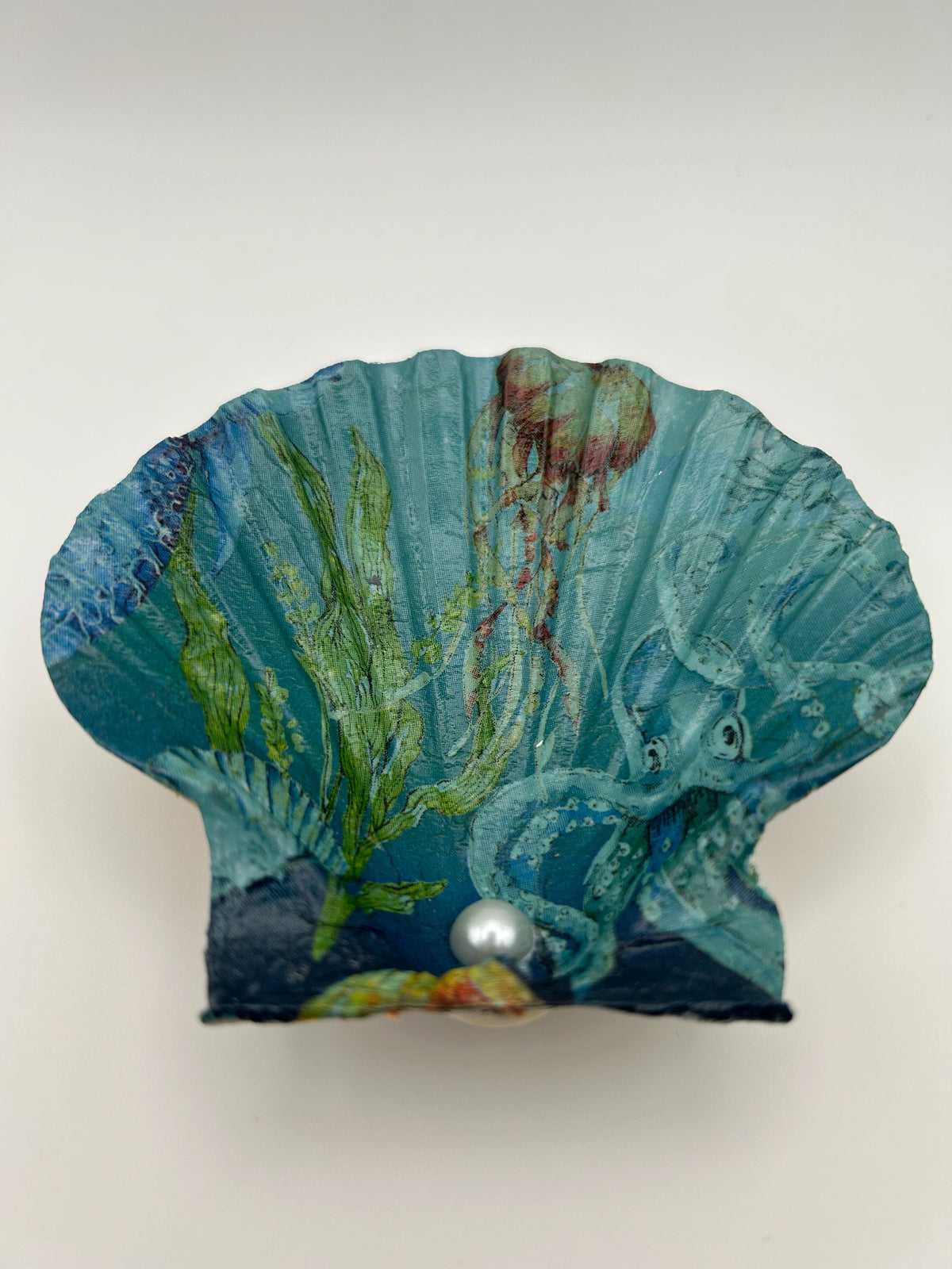 Decoupaged Scallop Shell Ring Dish – Octopus Ocean Blue Trinket Holder