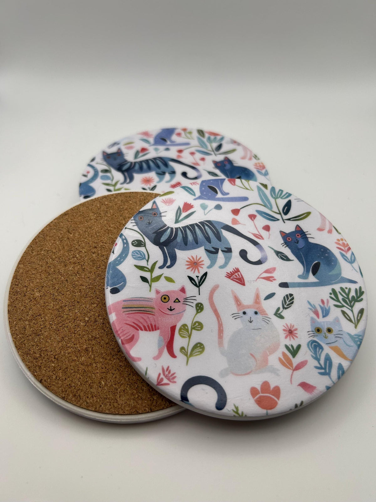 Folk Art Cat Ceramic Coasters | Botanical Floral Design, Set of 4