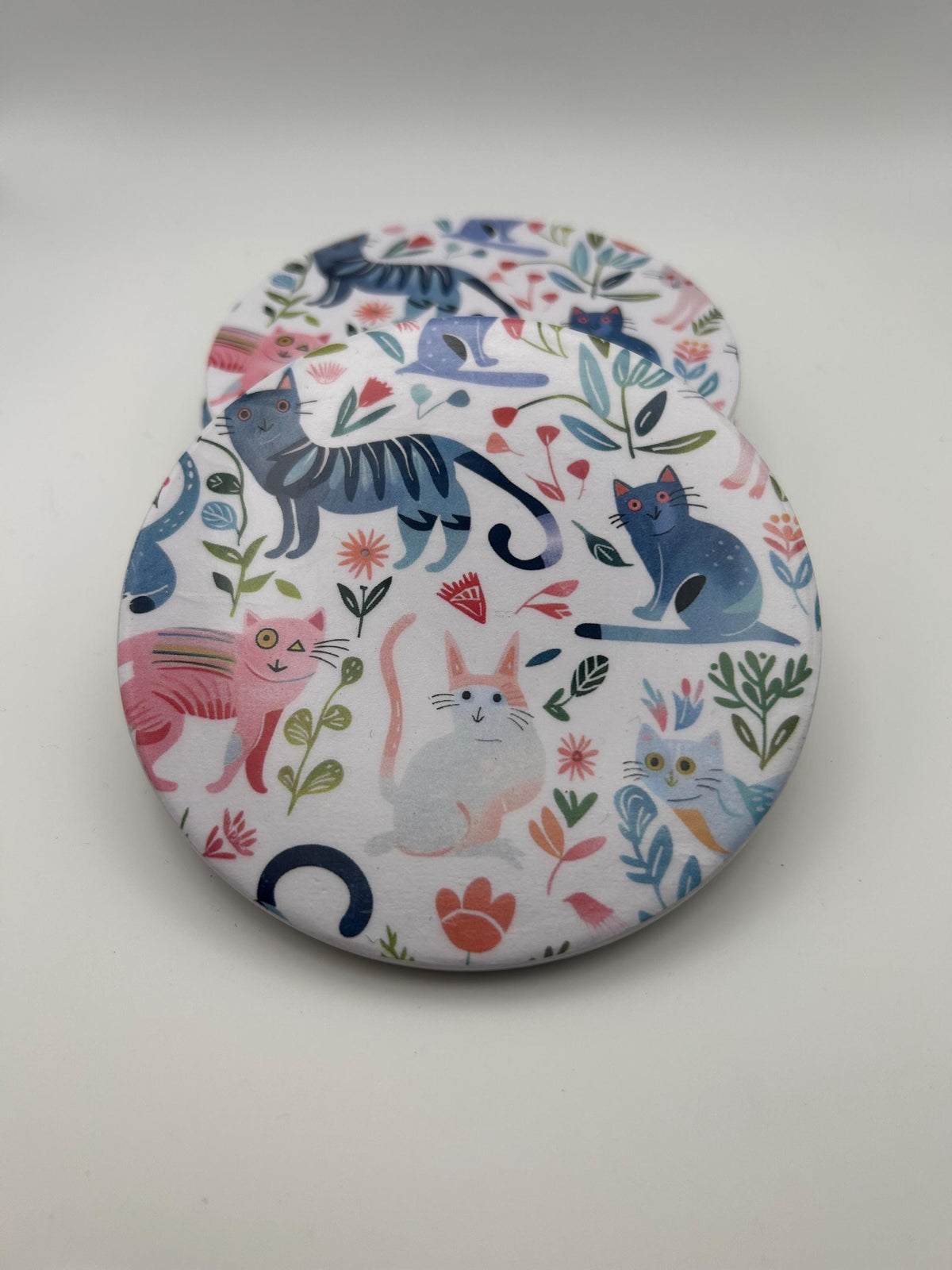 Folk Art Cat Ceramic Coasters | Botanical Floral Design, Set of 4