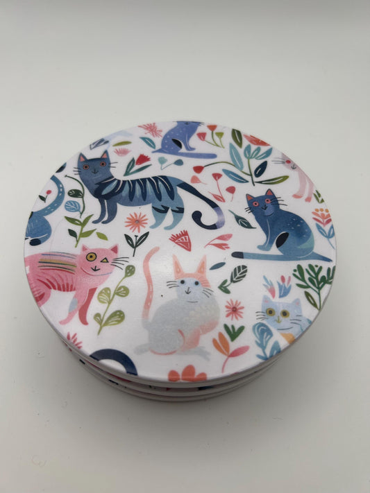 Folk Art Cat Ceramic Coasters | Botanical Floral Design, Set of 4