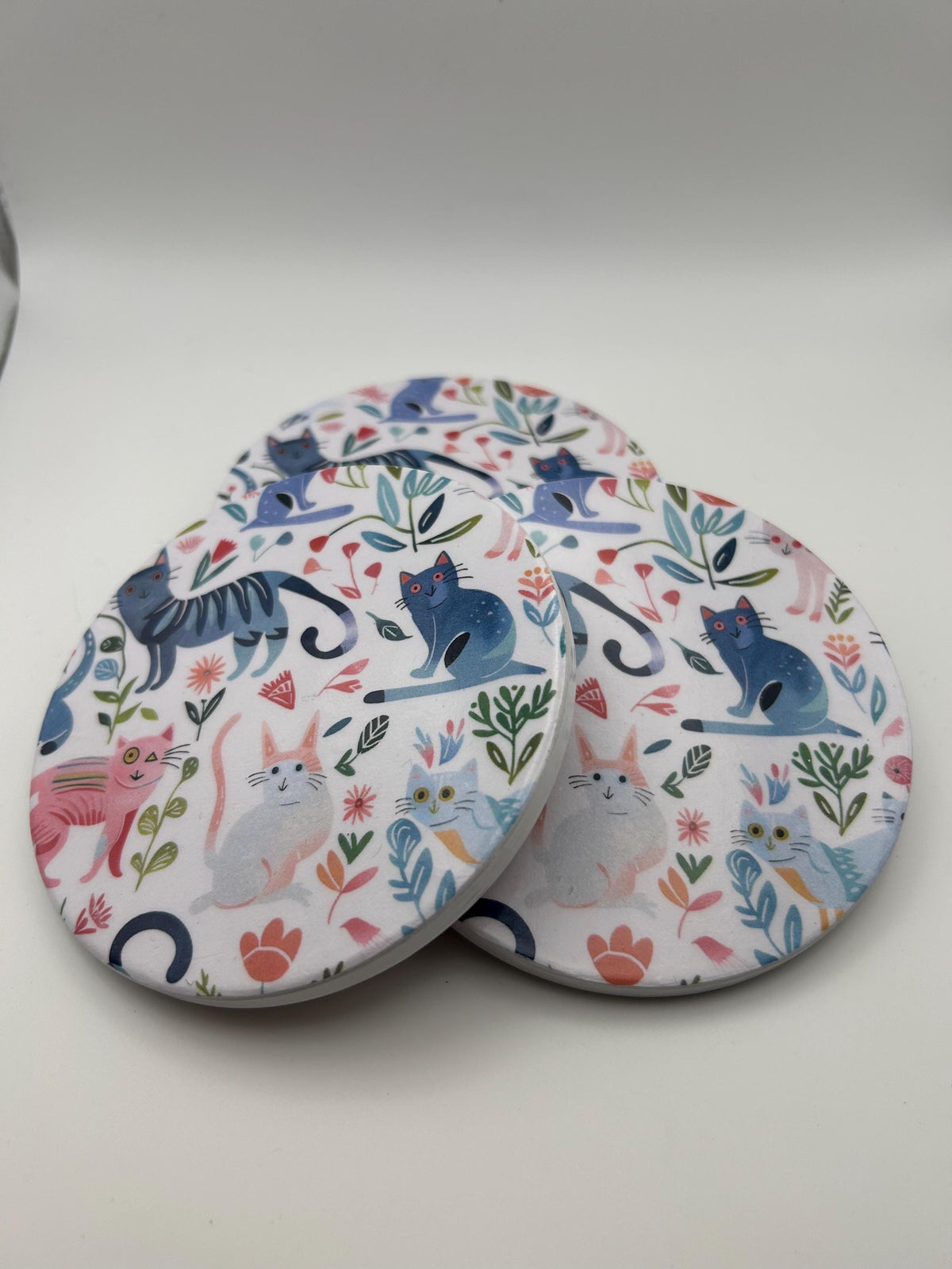 Folk Art Cat Ceramic Coasters | Botanical Floral Design, Set of 4