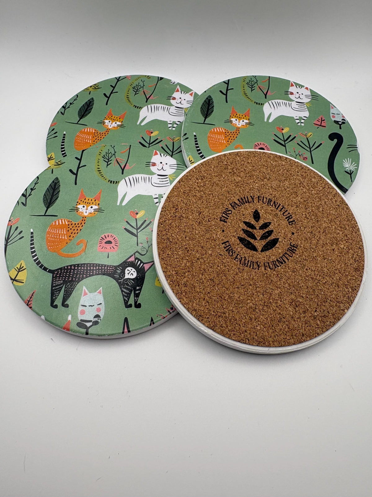 Ceramic Cat Coaster – Green Kitchen Drinkware, Housewarming Gift- Set of 4