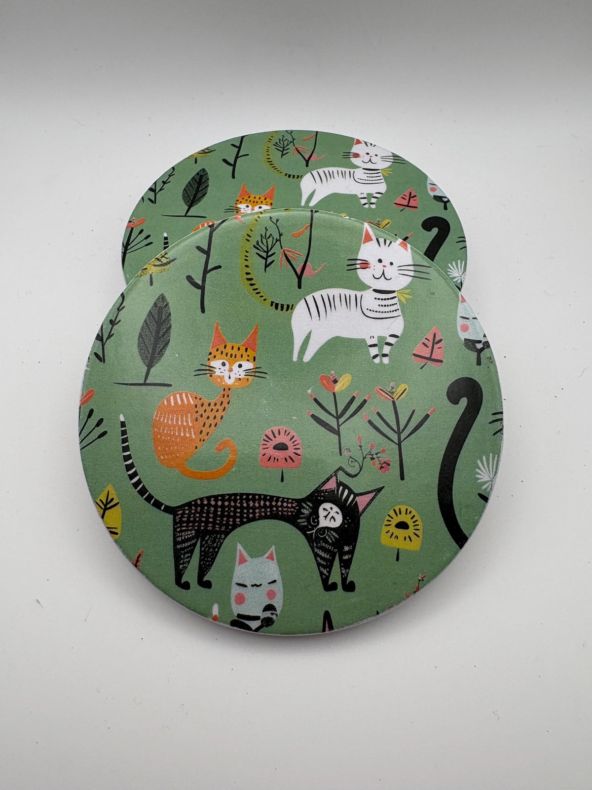 Ceramic Cat Coaster – Green Kitchen Drinkware, Housewarming Gift- Set of 4