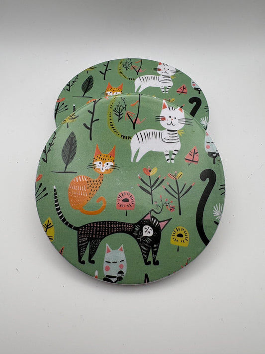 Ceramic Cat Coaster – Green Kitchen Drinkware, Housewarming Gift- Set of 4
