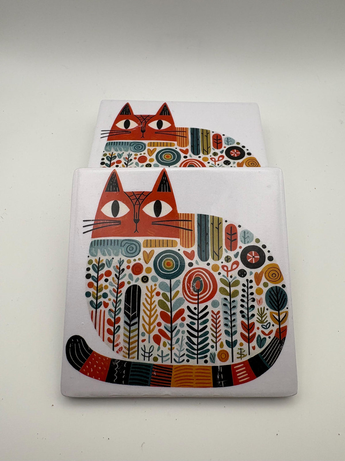 Ceramic Cat Coaster – Mid-Century Modern Drinkware, Kitchen Decor - Set of 4