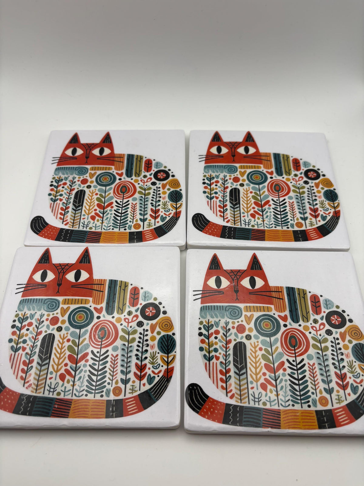 Ceramic Cat Coaster – Mid-Century Modern Drinkware, Kitchen Decor - Set of 4
