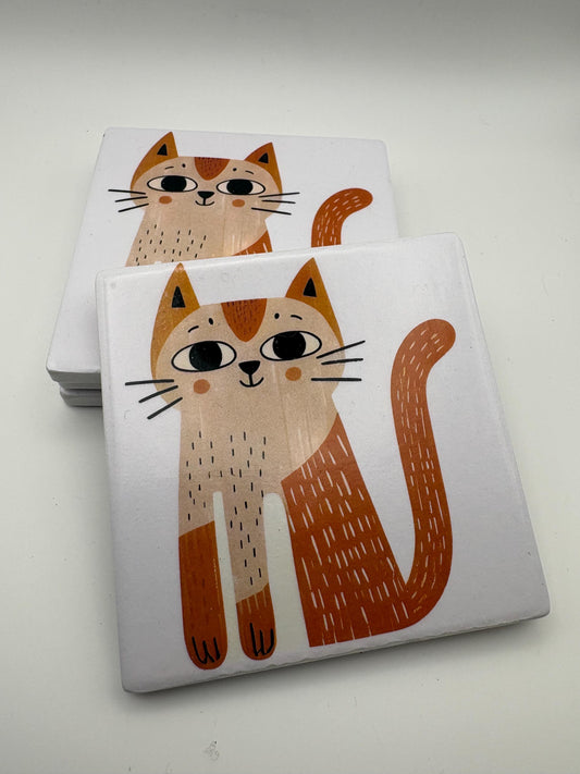 Ceramic Cat Coaster – Cork Backed Drinkware, Modern Kitchen Decor, Drinks Mat - Set of 4