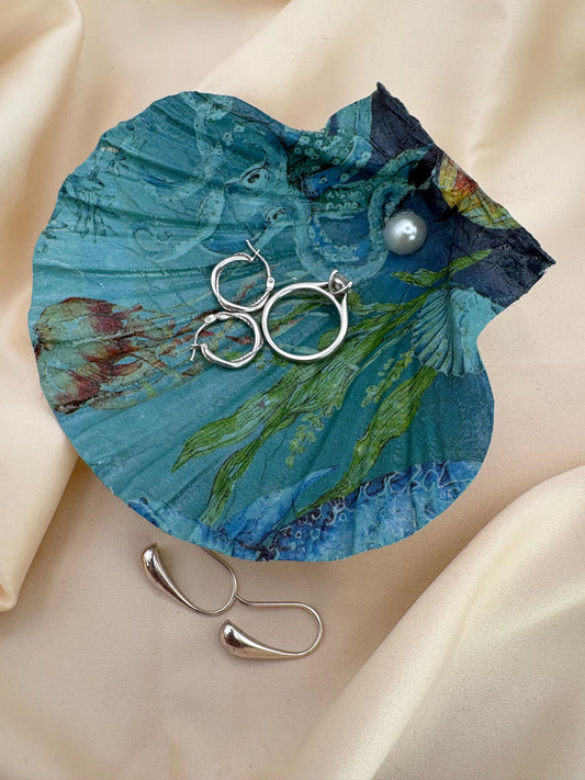Decoupaged Scallop Shell Ring Dish – Octopus Ocean Blue Trinket Holder