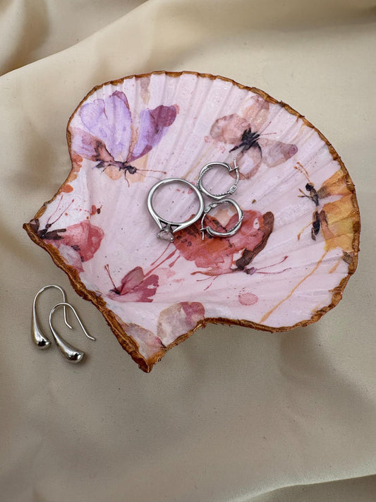 Decoupaged Scallop Shell Ring Dish – Pink Butterfly Trinket Holder