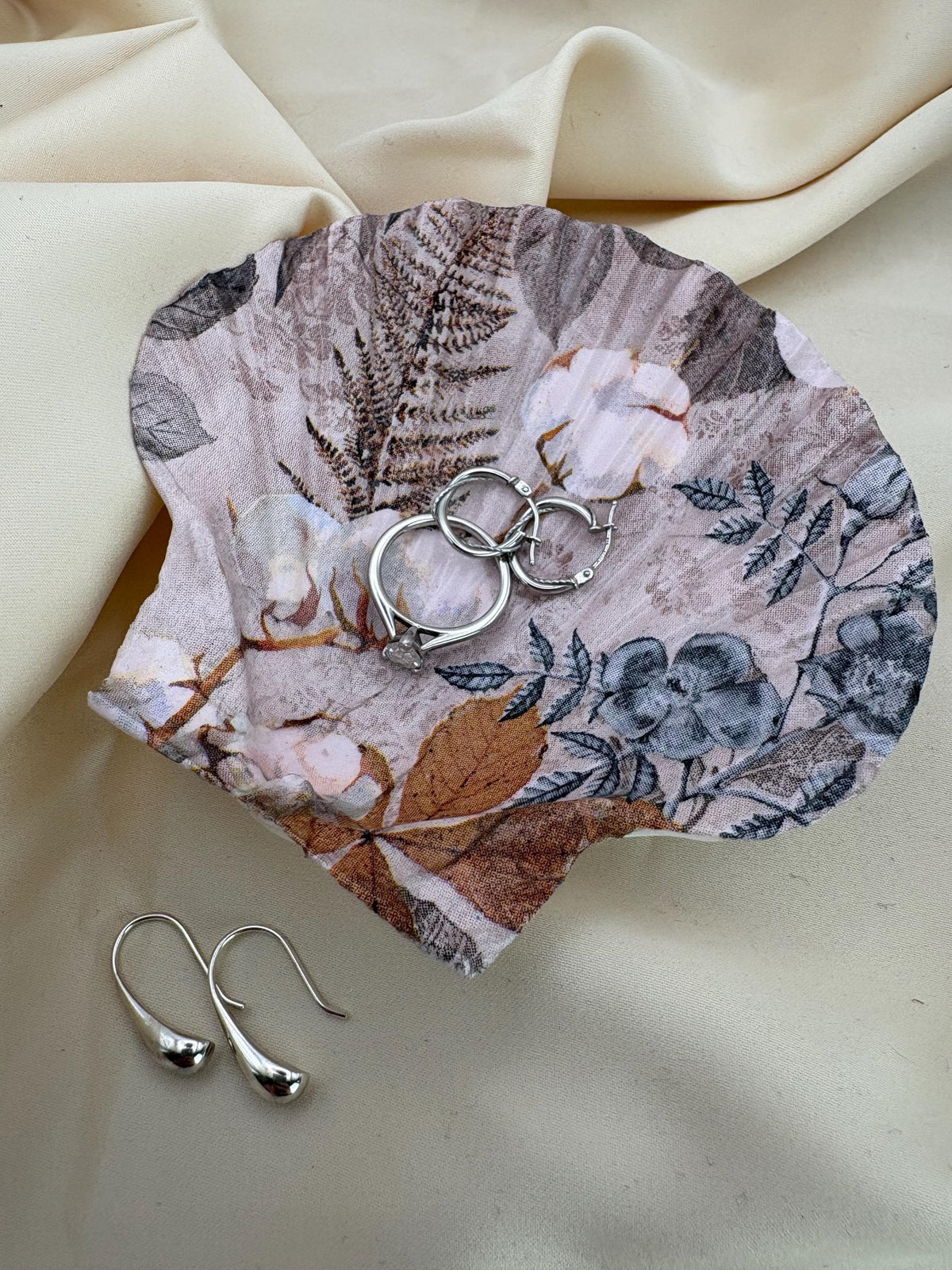 Decoupaged Scallop Shell Ring Dish – Autumn Floral Trinket Holder