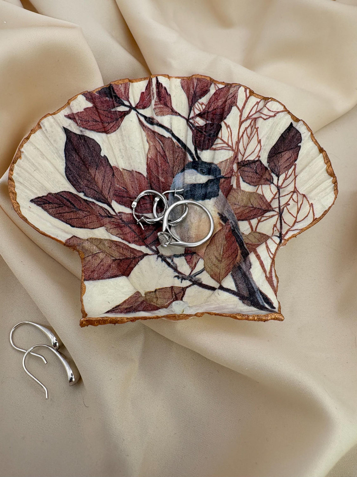 Decoupaged Scallop Shell Ring Dish – Bird and Leaf Design, Pearl Feet - Bird Lover Gift