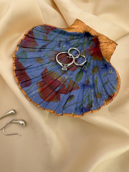 Floral Scallop Trinket Shell Ring Dish - Dark Blue and Gold