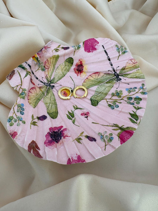 Decoupaged Scallop Shell Ring Dish – Pink Dragonfly Floral Trinket Holder