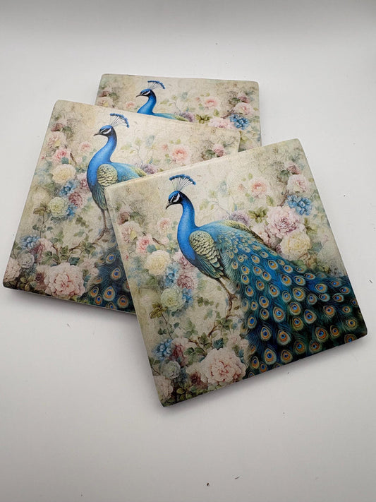 Vintage Peacock Ceramic Coaster | Decoupage Chinoiserie Floral Home Decor
