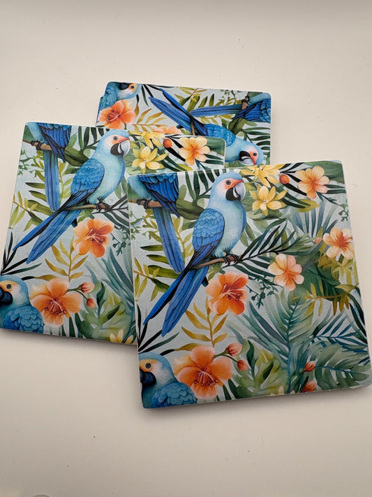 Set of 4 Tropical Macaw Ceramic Coasters | Botanical Parrot Drinkware Home Decor