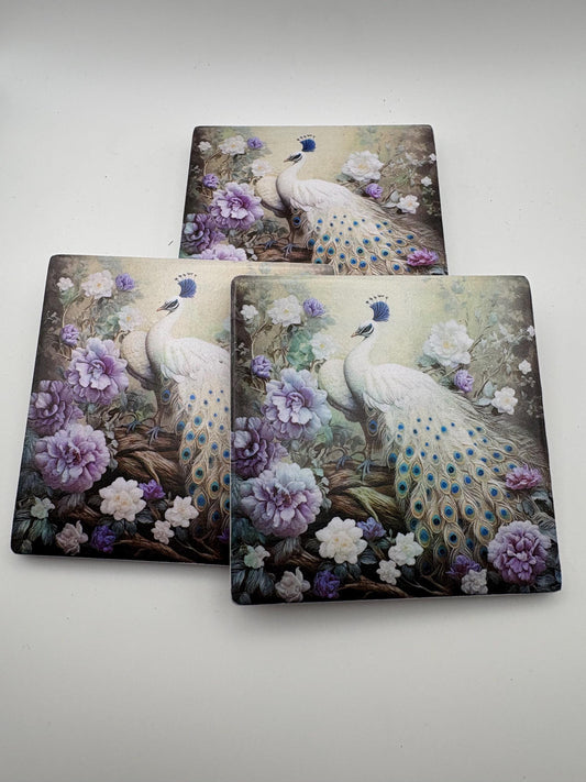 White Peacock Floral Ceramic Coasters | Set of 4 Cork-Backed Drink Mats