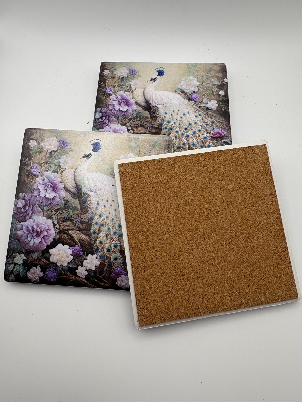 White Peacock Floral Ceramic Coasters | Set of 4 Cork-Backed Drink Mats