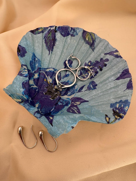 Floral Scallop Trinket Shell Ring Dish - Blue