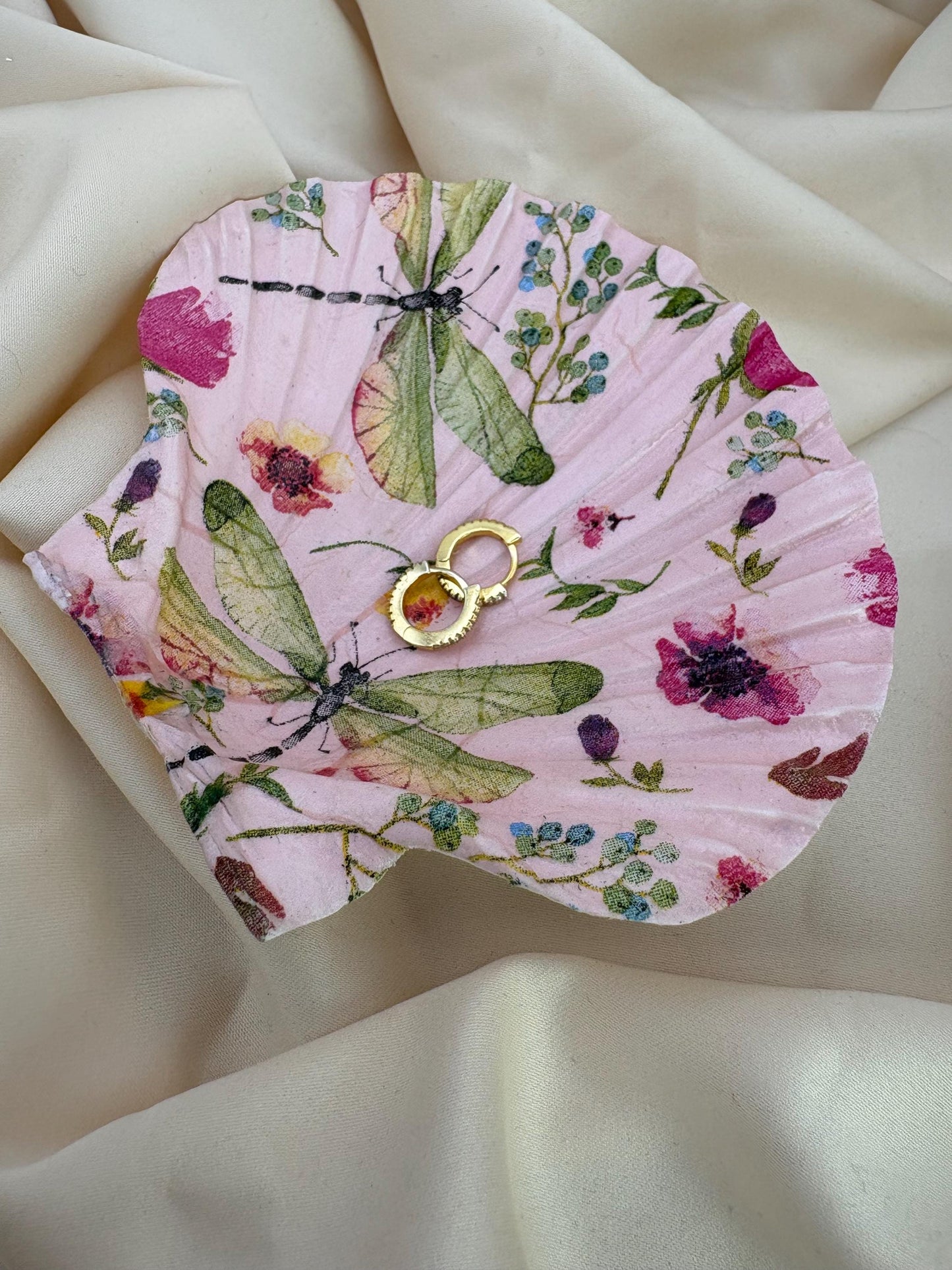 Decoupaged Scallop Shell Ring Dish – Pink Dragonfly Floral Trinket Holder