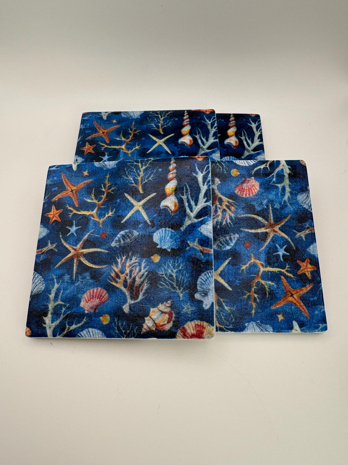 Ceramic Coasters Set | Starfish Seashell Coral Beach Home Decor