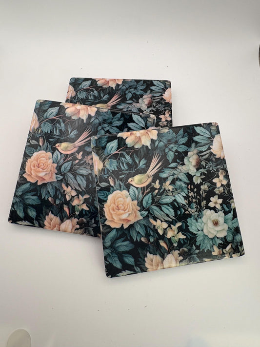 Chinoiserie Bird Coasters Set | Dark Floral Botanical Drinkware | Vintage Style Home Decor