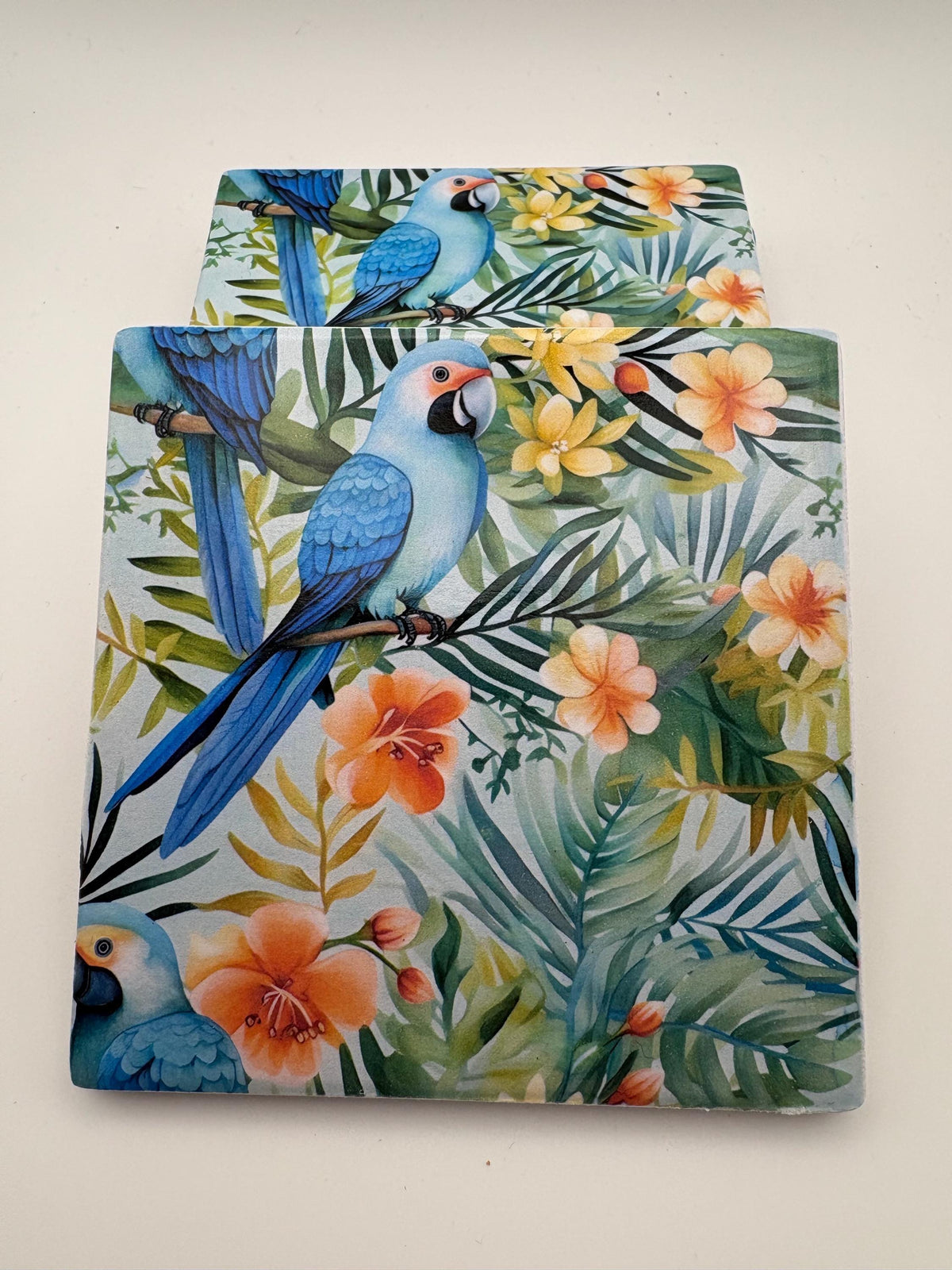 Set of 4 Tropical Macaw Ceramic Coasters | Botanical Parrot Drinkware Home Decor