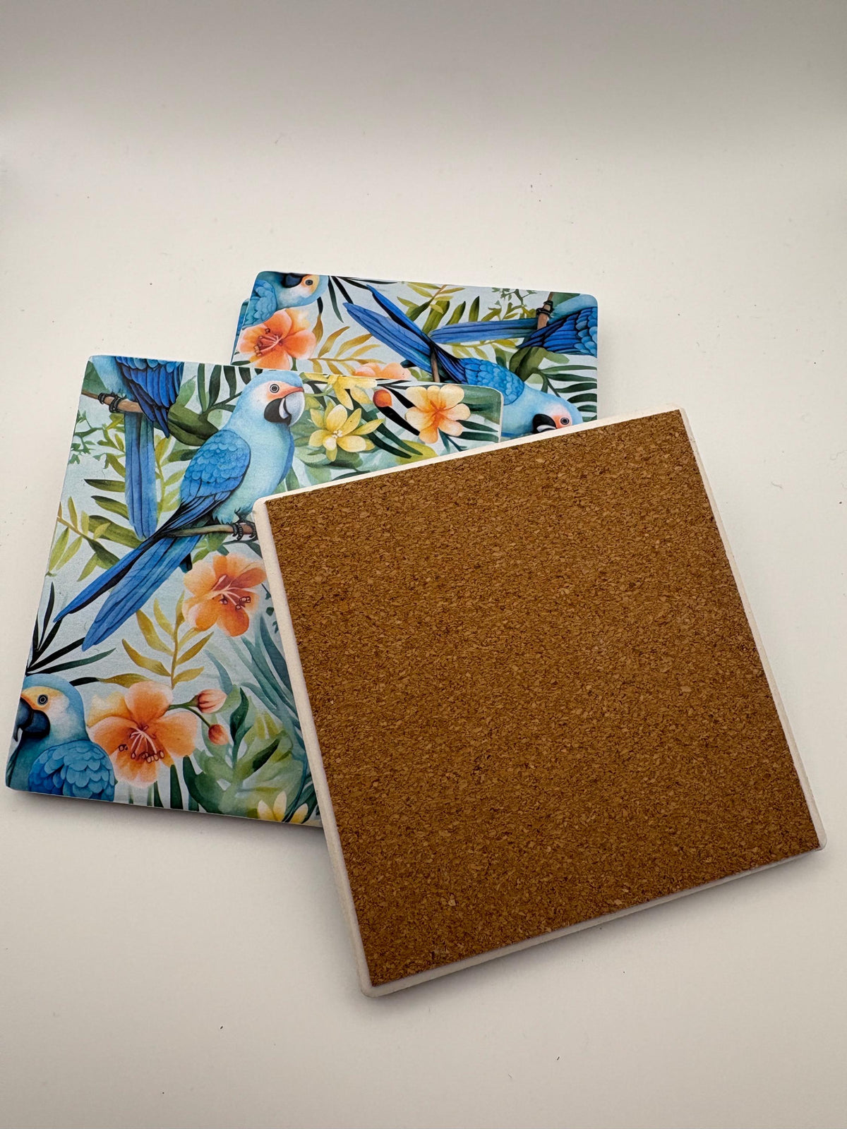 Set of 4 Tropical Macaw Ceramic Coasters | Botanical Parrot Drinkware Home Decor