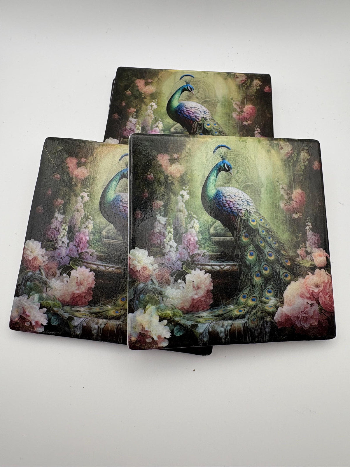 Vintage Ceramic Floral Peacock Coaster – Protective Varnish Drink Coaster – Housewarming Gift - Set of 3