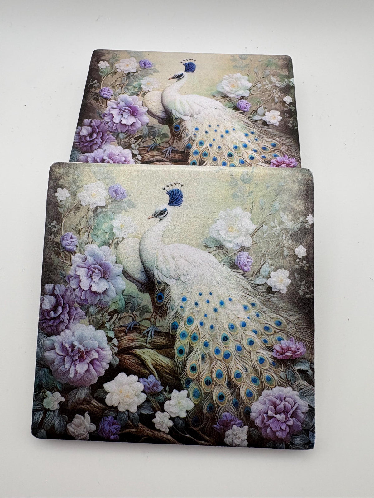 White Peacock Floral Ceramic Coasters | Set of 4 Cork-Backed Drink Mats