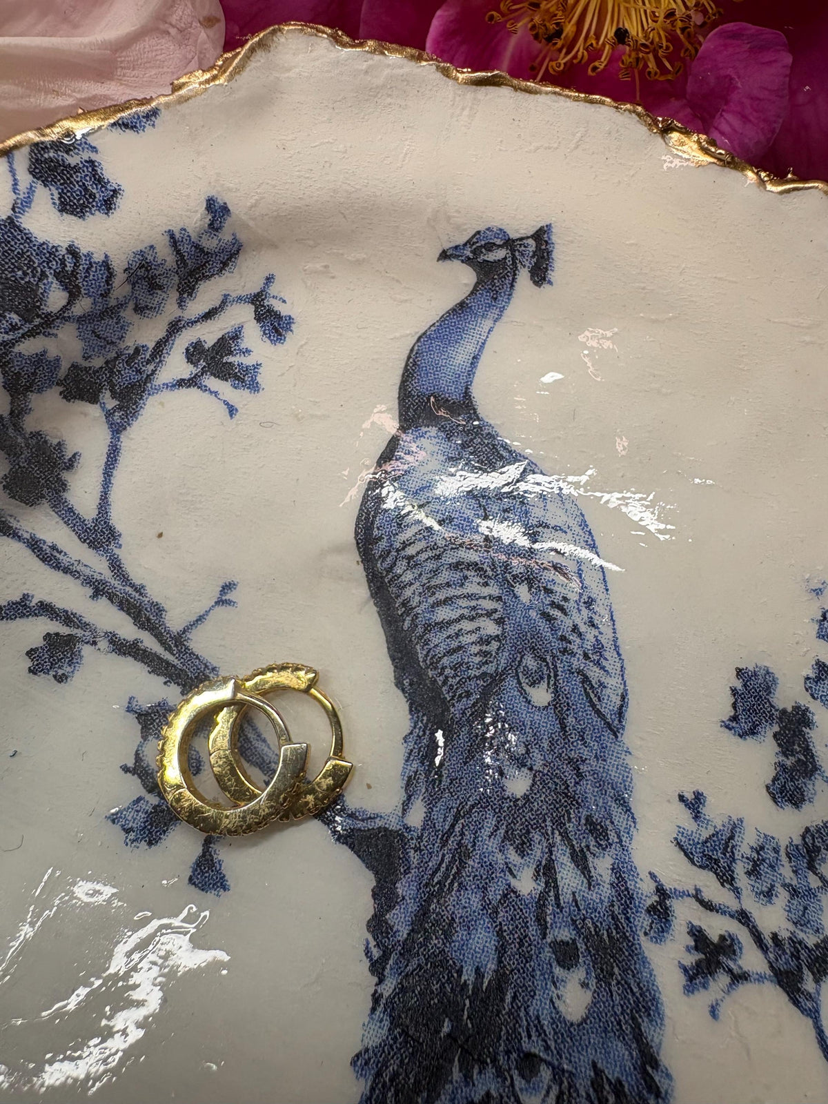 Hand-Decoupaged Oyster Shell Ring Dish | Blue Peacock Chinoiserie Gold Edge Tray
