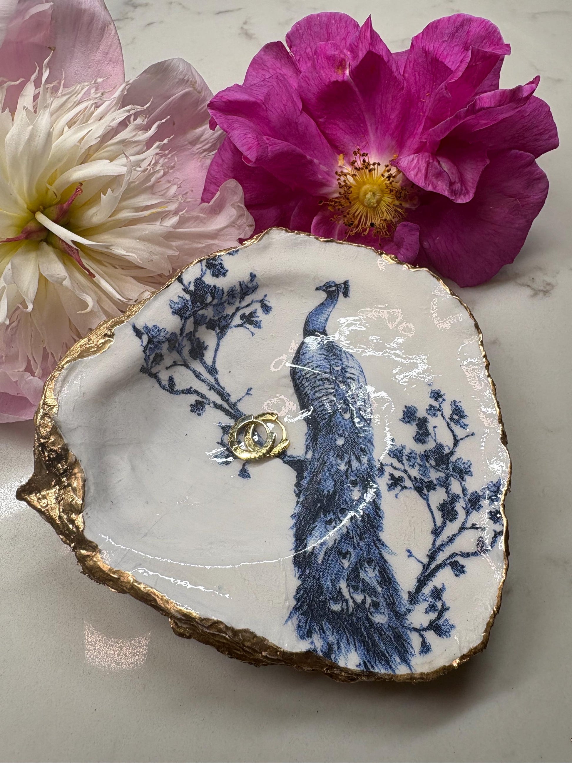 Hand-Decoupaged Oyster Shell Ring Dish | Blue Peacock Chinoiserie Gold Edge Tray