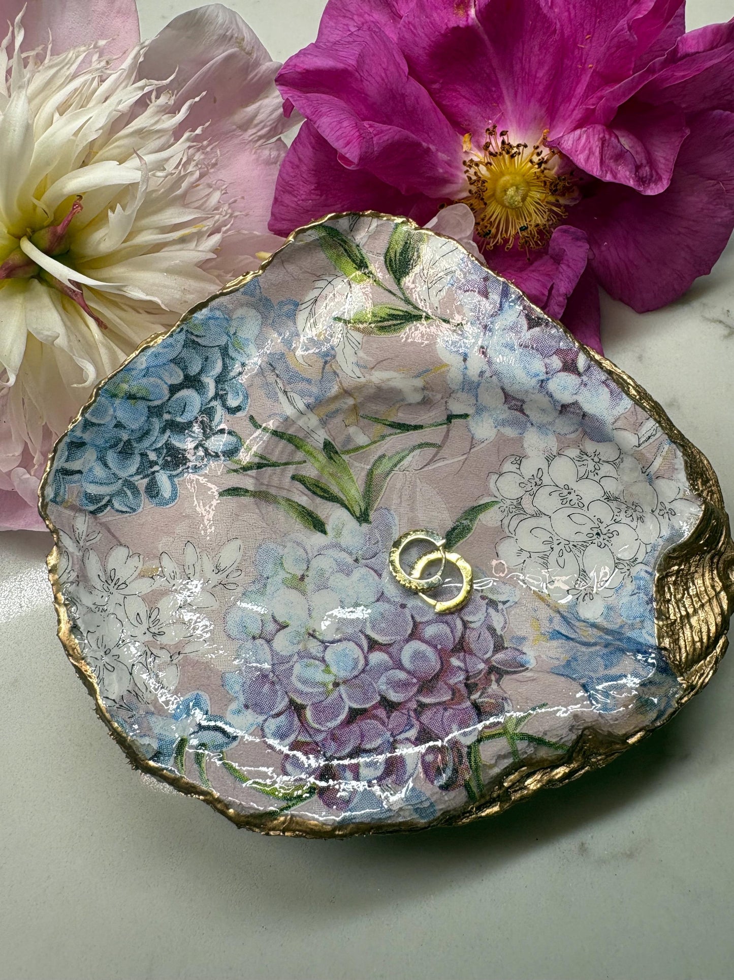 Hydrangea Decoupage Oyster Shell Ring Dish | Gold Edge Jewellery Tray